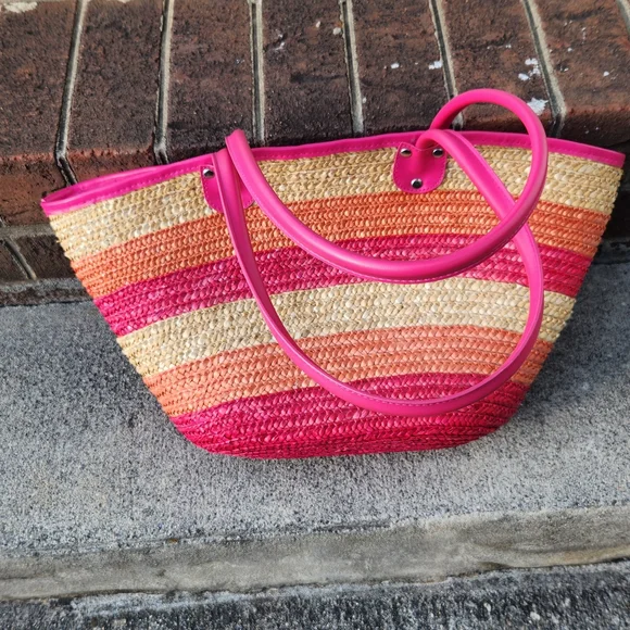 Striped Woven Tote Bag with Pink Trim - Picture 3 of 3